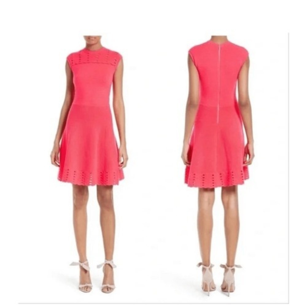 ted‎ baker Fit & Flare Sleeveless Dress Coral Pink Laser Cut Knit Casual Party